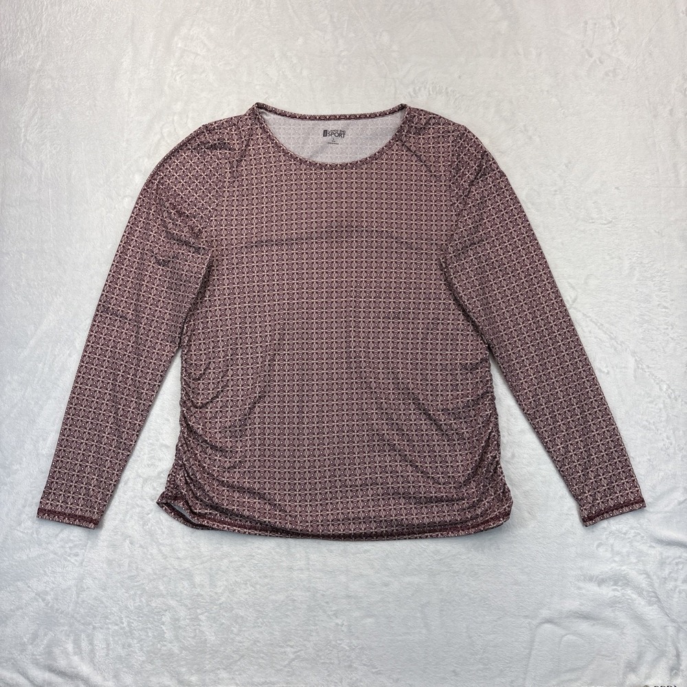 Lands' End Sport Women's L Long Sleeve Top Maroon Geometric Print Ruched
